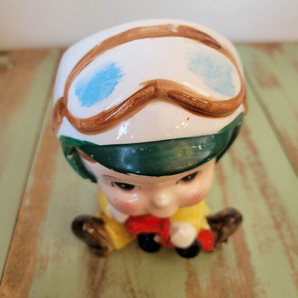 Vintage Freckled Little Boy with Helmet, Goggles, & Red Car Planter - 1960's - Picture 4 of 16